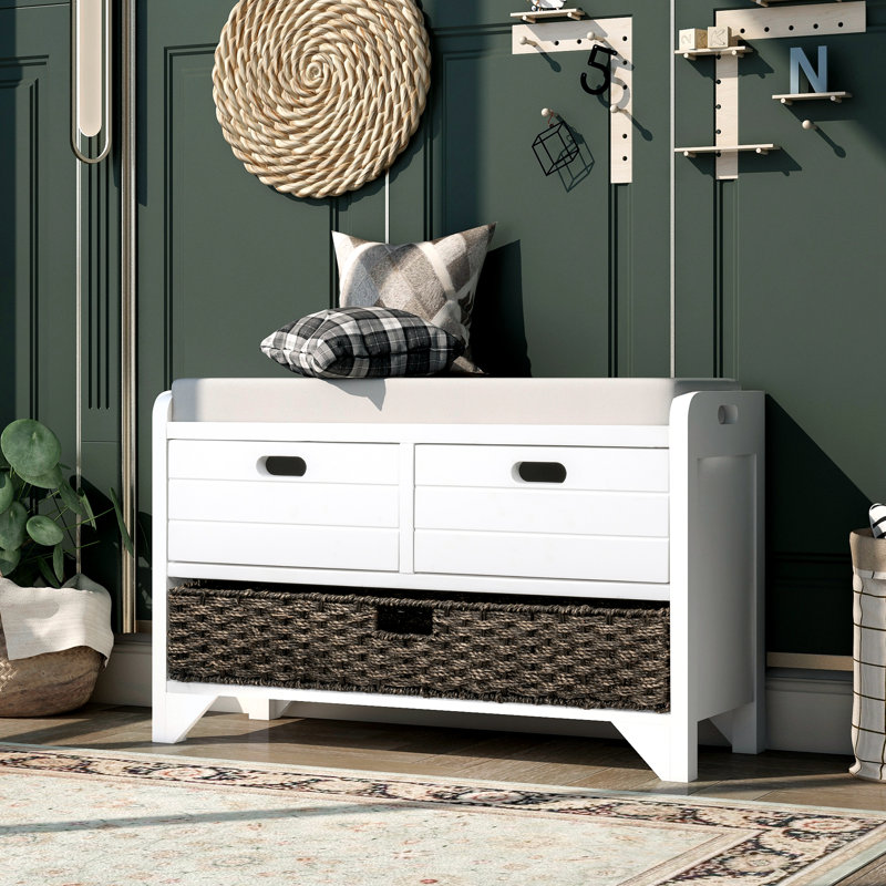 Solid Wood Storage Bench with Removable Basket and 2 Drawers Vintage Shoe Bench with Cushion Espresso